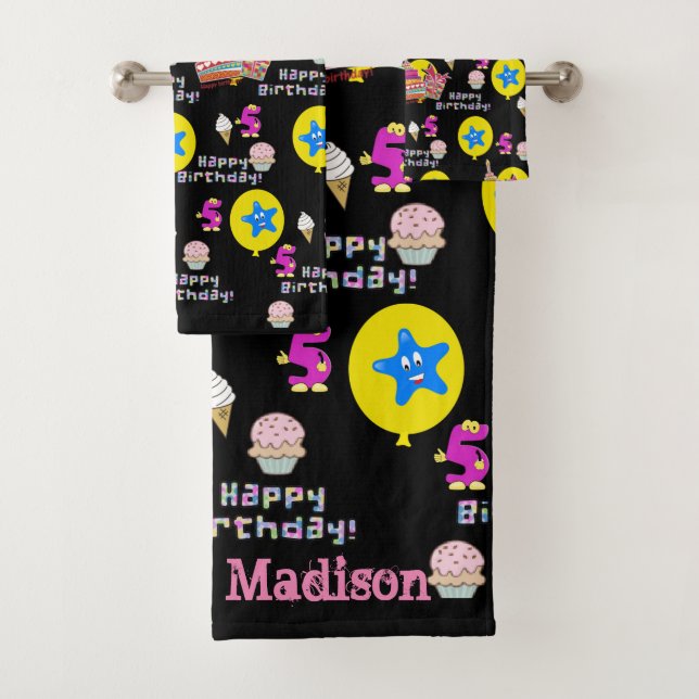 Conjunto De Toalhas Toalhas, #5 Feliz 5 Aniversário Negro (Insitu)