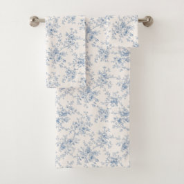 Conjunto De Toalhas Toile Buquê Floral Azul Creme Botânico Vintage