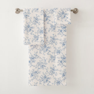 Conjunto De Toalhas Toile Buquê Floral Azul Creme Botânico Vintage
