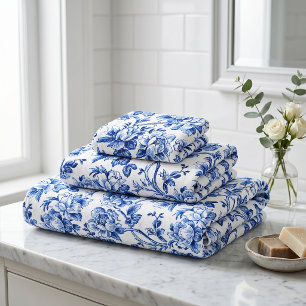 Conjunto De Toalhas Toile de Jouy de Magnolias Azul e Branca
