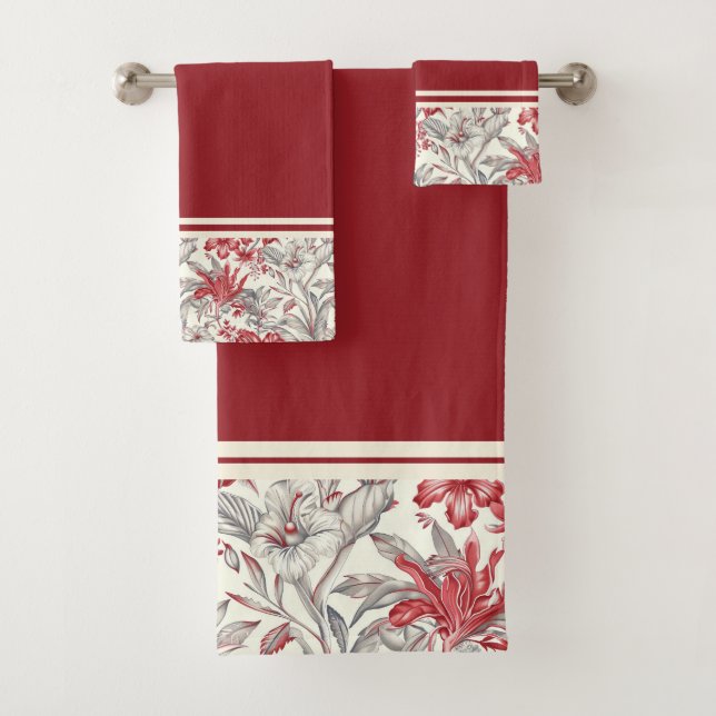 Conjunto De Toalhas Toile de Jouy Deep Red e Cinzas Flores (Insitu)