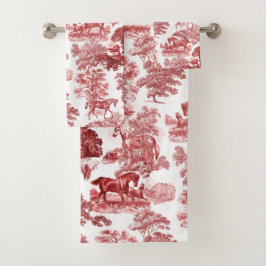 Conjunto De Toalhas Toile Elegante Red White Rustic Horses
