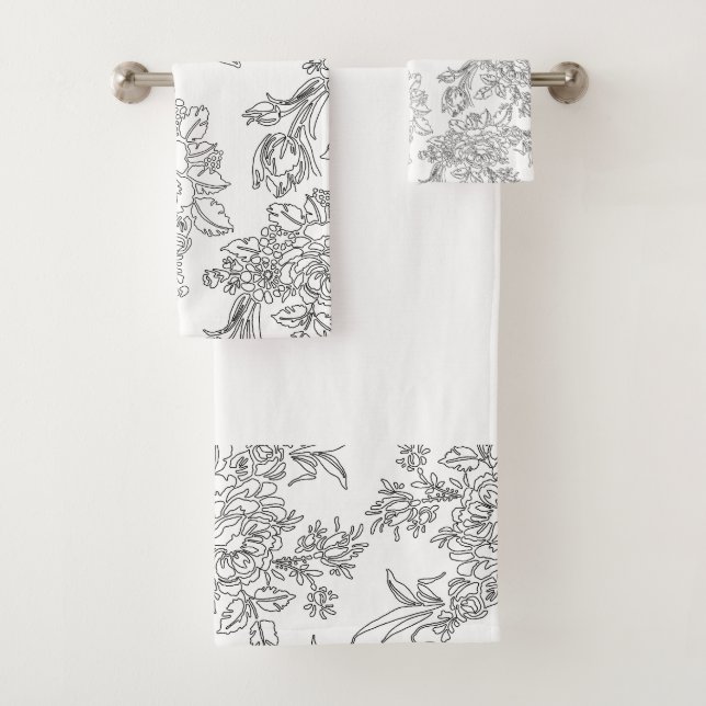 Conjunto De Toalhas Toile Floral Branco e Preto Elegante (Insitu)