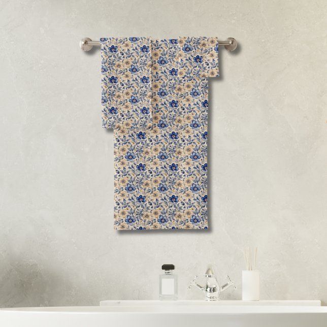 Conjunto De Toalhas Toile Floral em Aquarela Azul Bege Chinesice  (Blue Beige Chinoiserie Toile Watercolor Floral Bath Towel Set. Bridal Shower Wedding Gift)