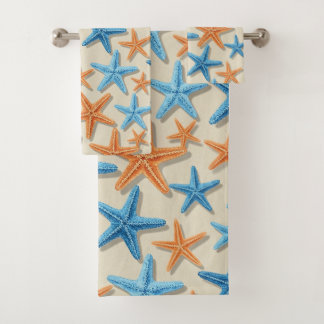 CONJUNTO DE TOALHAS TOM DE AZUL E LARANJA ESTRELAS-DO-MAR TROPICAIS