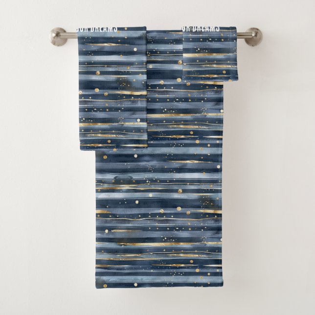 Conjunto De Toalhas Tons de Azul Listras Pontos Sonhos Dourados (Insitu)