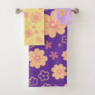 Conjunto De Toalhas Torres-Padrão Florais De Laranja Amarelo-Púrpura V