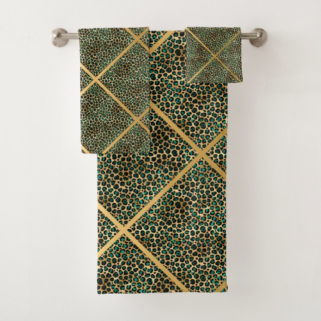 CONJUNTO DE TOALHAS TOWEL DA IMPRESSÃO LUXURY GRID LEOPARD VERDE ANIMA (Insitu)