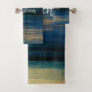 Conjunto De Toalhas Traços de pincel em verde, azul e ouro
