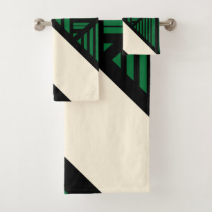 Conjunto De Toalhas Triângulos - Verde, Creme e Preto