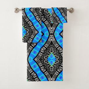 Conjunto De Toalhas Tribais Preto, Branco E Azul M