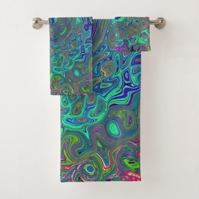 Conjunto De Toalhas Trippy Chartreuse e Blue Retro Liquid Swirl (Insitu)