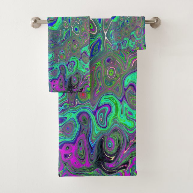Conjunto De Toalhas Trippy Chartreuse e Blue Retro Liquid Swirl (Insitu)