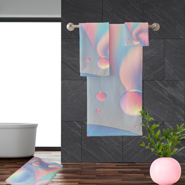 Conjunto De Toalhas Trippy Pastel Wow Rainbow Bubbles Swirls (Pastel psychedelic 3D bubble art towels to brighten the bathrooms)