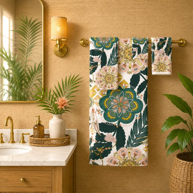 Conjunto De Toalhas Tropical Boho Verde Floral  (Criador carregado)