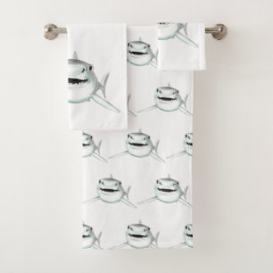 Conjunto De Toalhas tubarão aquarela sorrindo animal oceano cinza verd