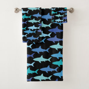 Conjunto De Toalhas Tubarões Silhuettes de Fundo Azul-Preto
