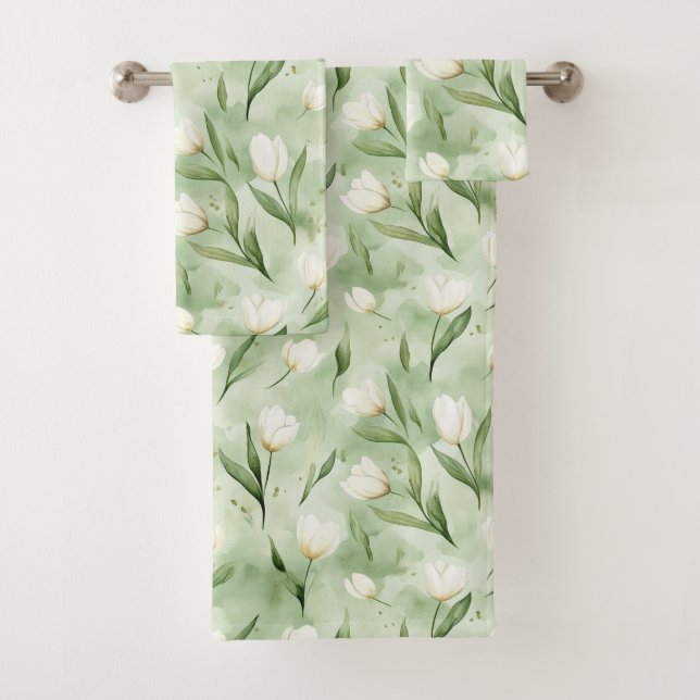 Conjunto De Toalhas Tulipas Brancas Verdes Bonitas   (Insitu)