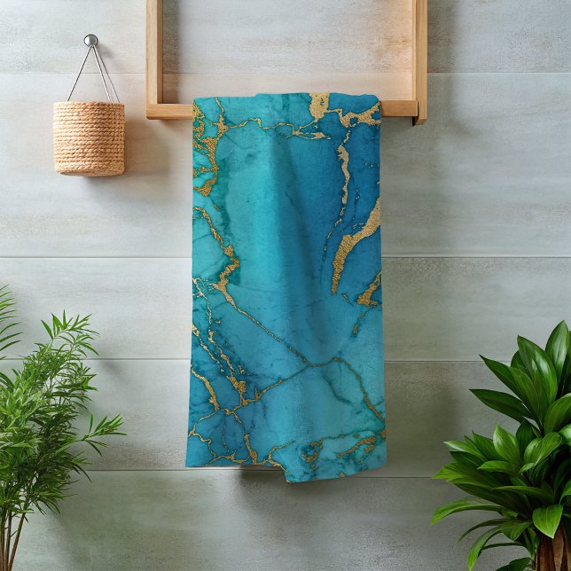 Conjunto De Toalhas Turquesa Azul Dourado Mármore Pedra Rocha Metálico (Criador carregado)