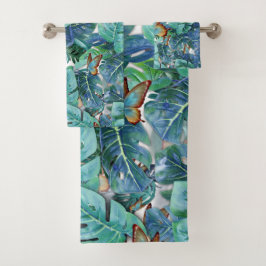 Conjunto De Toalhas Turquesa Azul Monstera Folhas e Borboletas
