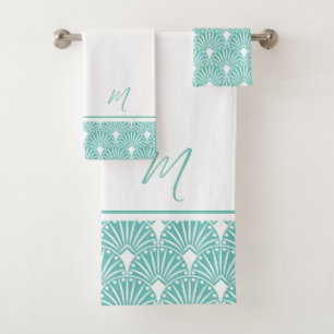 Conjunto De Toalhas Turquesa e pinagem branca Art Deco Pattern