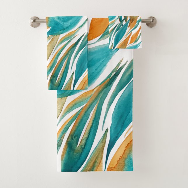 Conjunto De Toalhas Turquesa E Pó Queda Aquarela Pintada À Mão (Insitu)