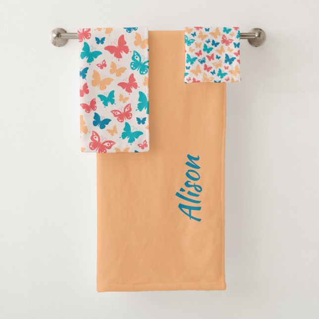 Conjunto De Toalhas Turquesa rosa bege Padrão multiborboletas (Insitu)