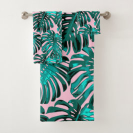 Conjunto De Toalhas Turquesa Tropical Rosa Monstera