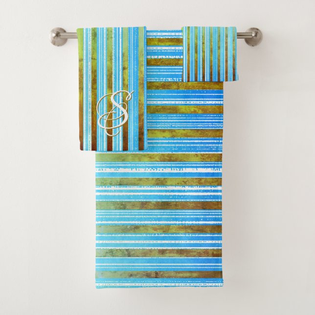Conjunto De Toalhas Turquesa, verde e tiras brancas monogramas (Insitu)