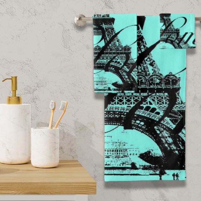 Conjunto De Toalhas turquoise aqua teal scripts Paris Eiffel Tower (turquoise aqua teal scripts Paris Eiffel Tower Bath Towel Set)