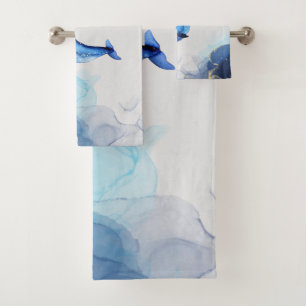 Conjunto De Toalhas Uma Baleia Em Arte Fluida Dourada Azul Na Tecnolog