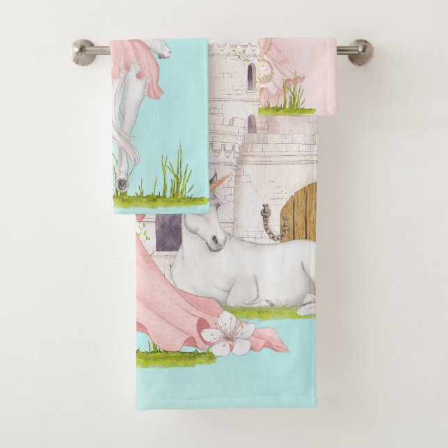 Conjunto De Toalhas Unicorn Princess Castle Pink Blue (Insitu)