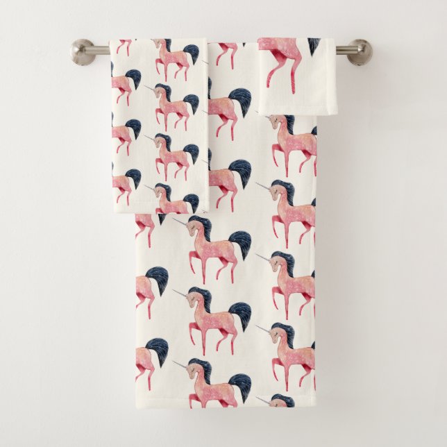 Conjunto De Toalhas Unicórnio Nórdico Rosa com Mão Negra (Insitu)