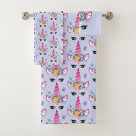 Conjunto De Toalhas Unicórnio Rosa com Coroa Floral e Borboletas