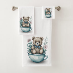 Conjunto De Toalhas Urso de Teddy Adorável no Teacup com Flores