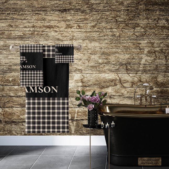 Conjunto De Toalhas Urso do Monograma da Xadrez russa | Preto-creme br (Criador carregado)