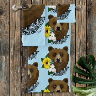 Conjunto De Toalhas Urso Pardo Flores Azuis Pena Vida Selvagem