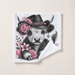 Conjunto De Toalhas Vaca Highland Com Chapéu Floral