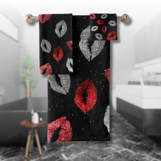 Conjunto De Toalhas Valentines Vermelho Prateado Brilho nos Lábios em  (Criador carregado)