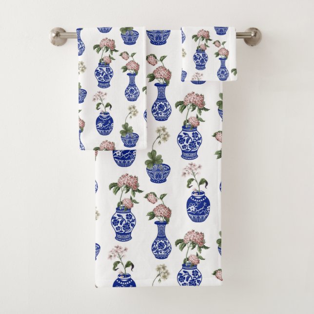 Conjunto De Toalhas Vasos e flores azuis de Chinoiserie (Insitu)