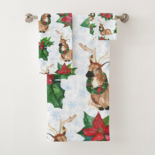 Conjunto De Toalhas Veados da Floresta em Natal em Aquarela
