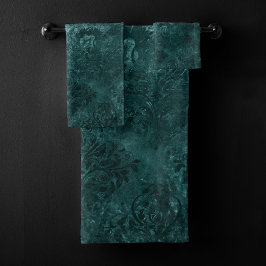 Conjunto De Toalhas Velvety Teal Damask | Verde escuro Barroco