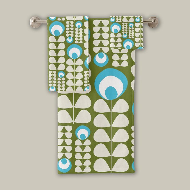 Conjunto De Toalhas Verde, Azul Claro, Creme Padrão de Flores Mid Mod (Criador carregado)