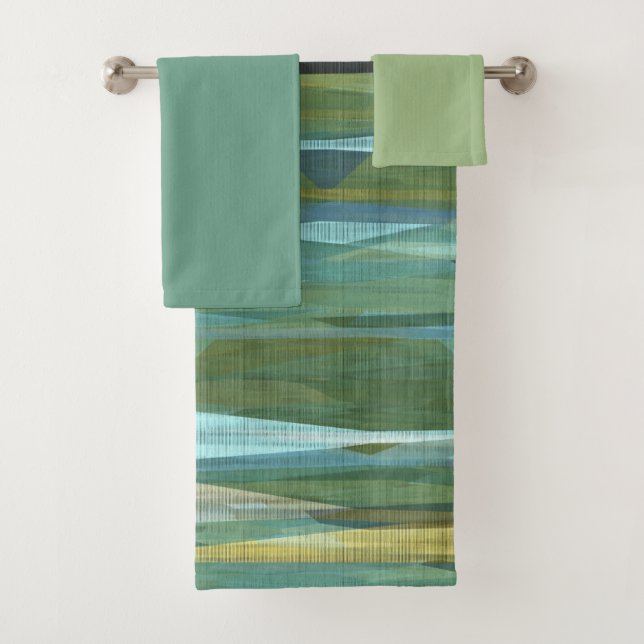 Conjunto De Toalhas Verde Azul e Cinza Arte Moderna (Insitu)