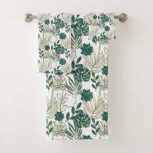 Conjunto De Toalhas Verde branco botânico tropical das folhas de