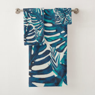 Conjunto De Toalhas Verde Ciano Turquesa Folhas de Palmeira Tropicais 