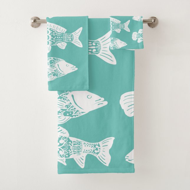 Conjunto De Toalhas Verde floral branco litoral dos peixes & de mar (Insitu)