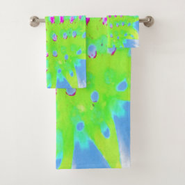 Conjunto De Toalhas Verde limão e Flor de Cone Abstrato Roxo