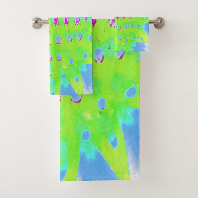 Conjunto De Toalhas Verde limão e Flor de Cone Abstrato Roxo (Insitu)