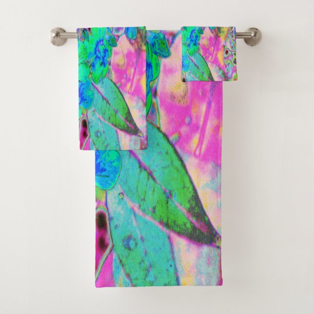 Conjunto De Toalhas Verde limão Psicodélico Trippy e flores azuis (Insitu)